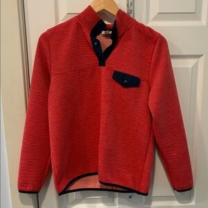 J. Crew Coral-Red Ribbed Half-Placket Pullover with Navy Accents